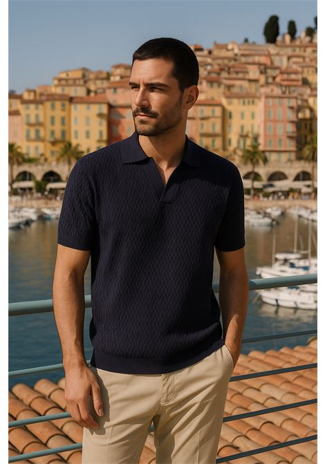 Men's blue textured knit polo shirt by Paolo Pecora Milano. A refined summer garment perfect for casual chic looks. PAOLO PECORA |  | A037 F3006685